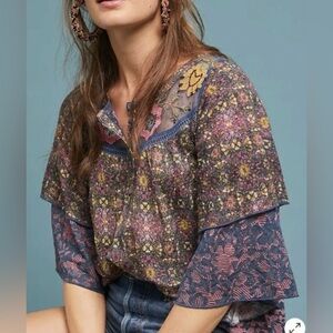Anthropologie Postmark Ciutadella Top XS Blue Floral Embroidered Sheer Mesh Boho